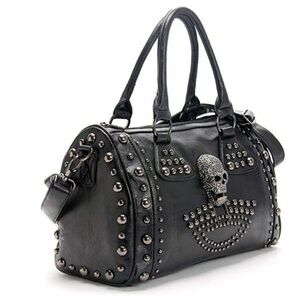 𝅺BLACK Leather Skull Handbag Large Gothic Shoulder Bag Biker Rocker Studded NWT